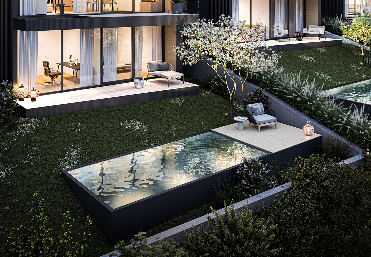 Nachansicht der drei Villen mit Garten und Pool