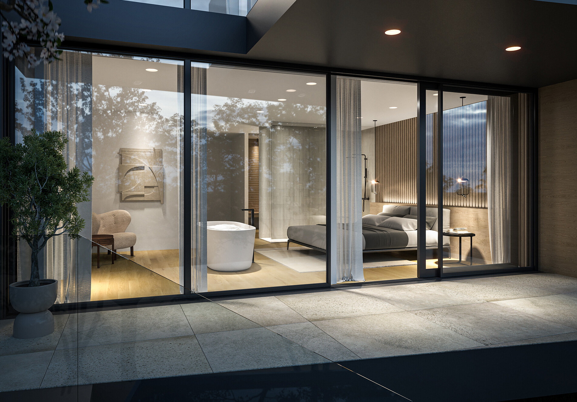 Blick von der Terrasse ins Schlafzimmer der Lifestyle-Villa am Jupiterweg