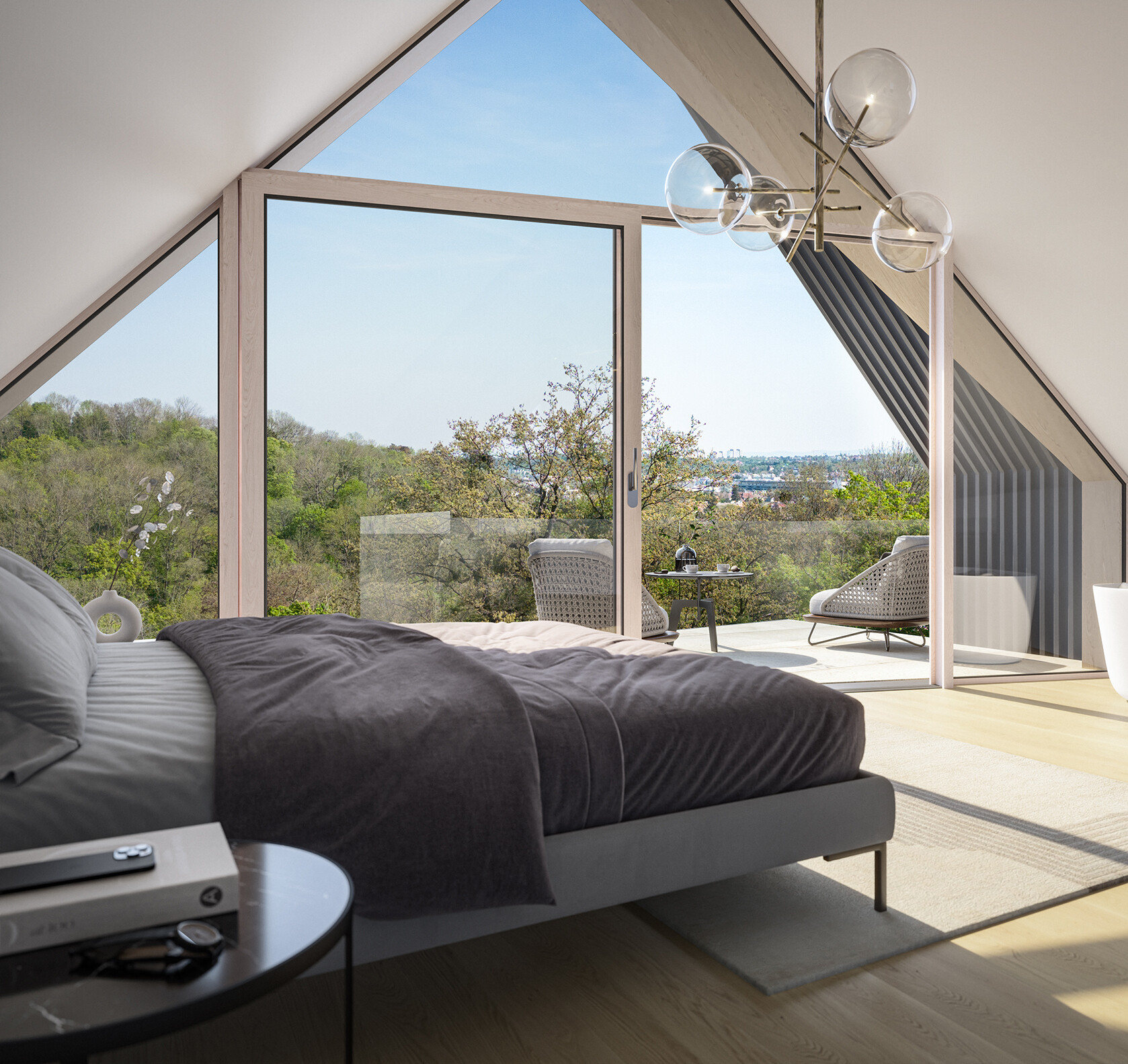 Schlafzimmer Lifestyle-Villa mit Blick auf die Dachterrasse