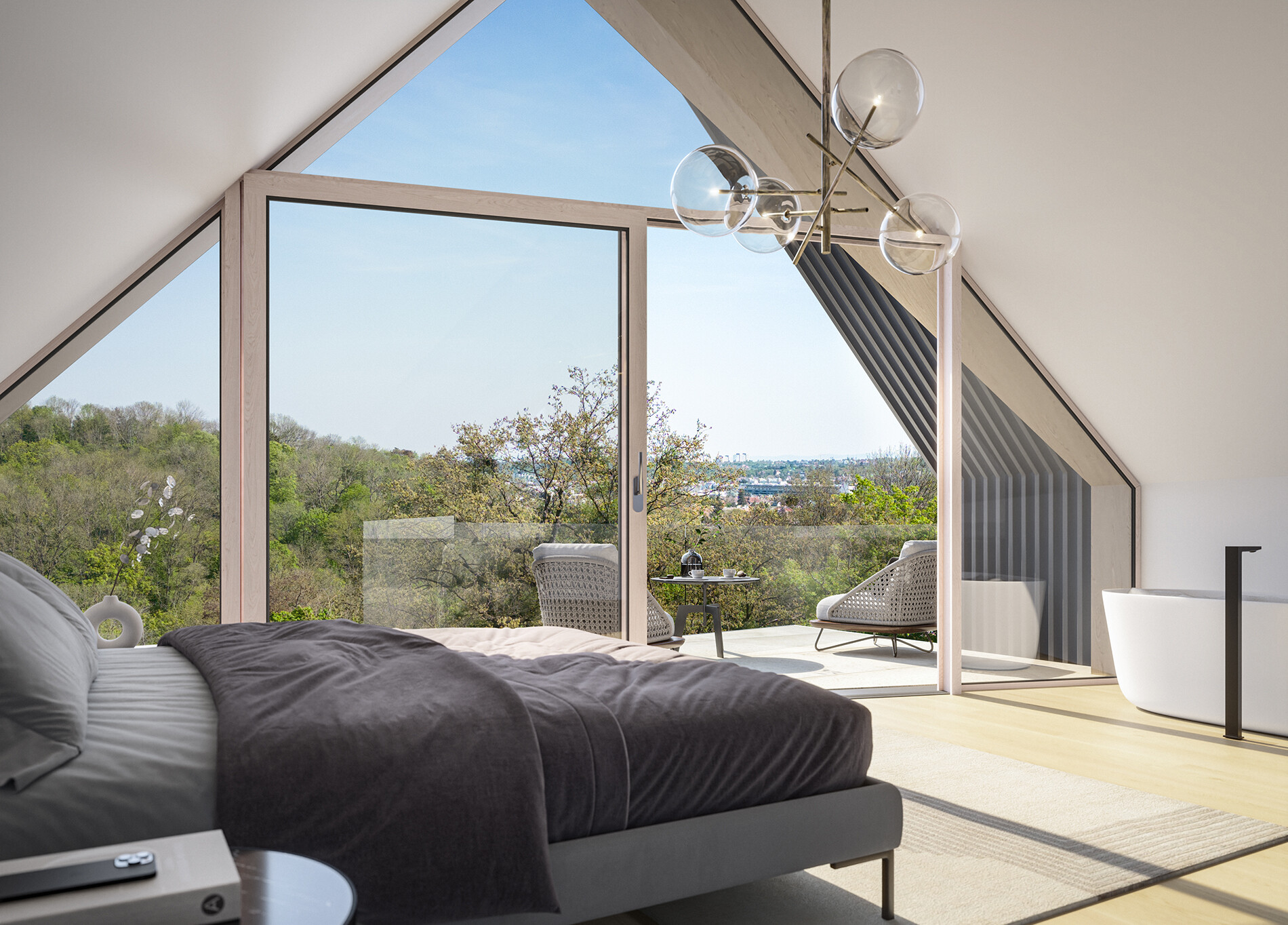 Gediegenes Schlafzimmer im Obergeschoss mit Blick auf die Dachterrasse